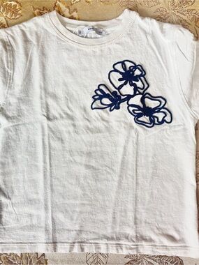 Mango White T-Shirt with Navy Floral Appliqué